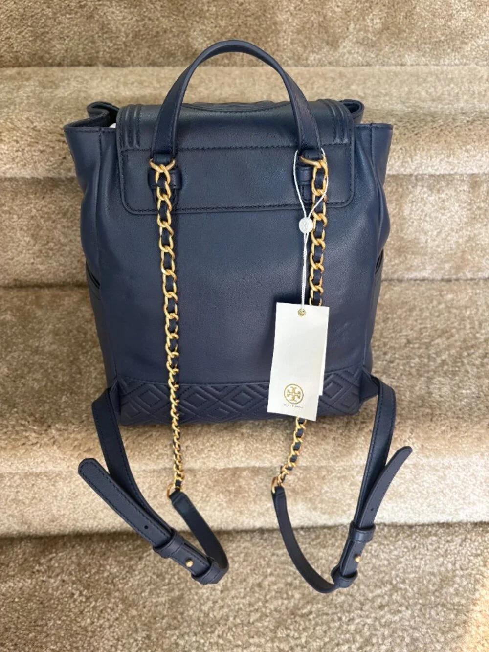 Tory Burch Fleming Leather Backpack Royal Navy Gold Chain NWT